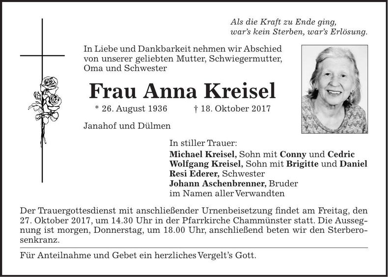 Traueranzeige Anna Kreisel