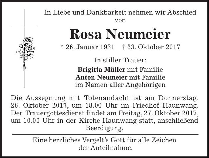 Traueranzeige Rosa Neumeier
