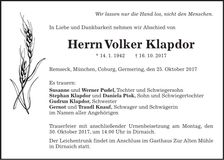 Traueranzeige Volker Klapdor