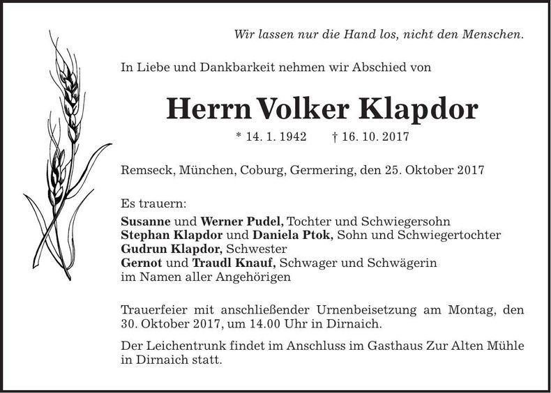 Traueranzeige Volker Klapdor