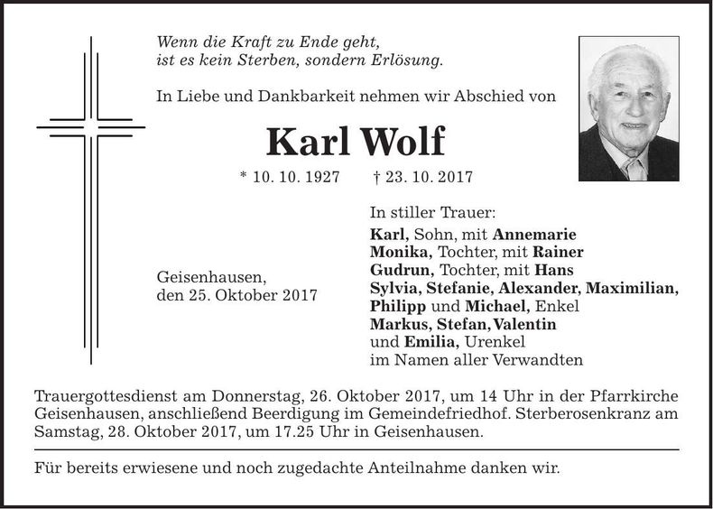 Traueranzeige Karl Wolf