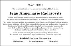 Traueranzeige Annemarie Radasovits