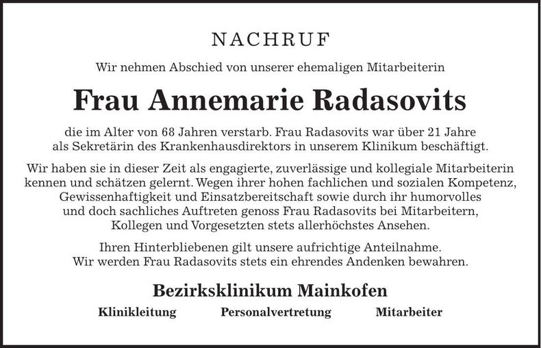 Traueranzeige Annemarie Radasovits