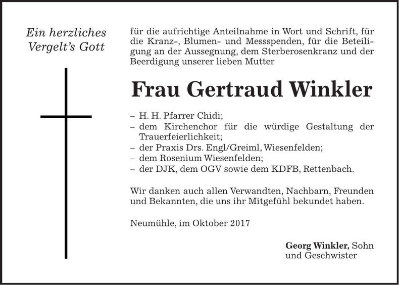 Traueranzeige Gertraud Winkler