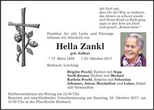 Traueranzeige Hella Zankl