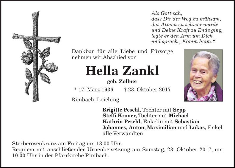 Traueranzeige Hella Zankl