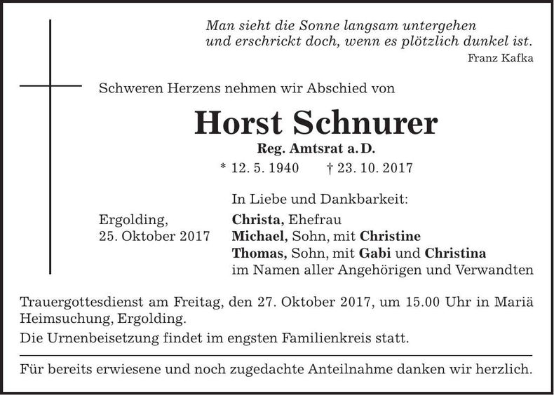Traueranzeige Horst Schnurer