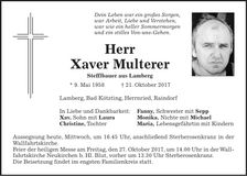 Traueranzeige Xaver Multerer