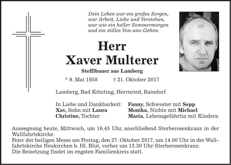 Traueranzeige Xaver Multerer