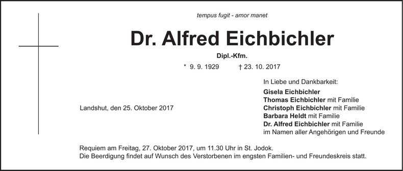 Traueranzeige Alfred Eichbichler