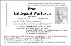 Traueranzeige Hildegard Wartusch