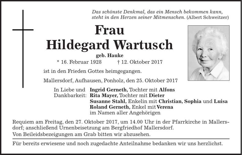 Traueranzeige Hildegard Wartusch