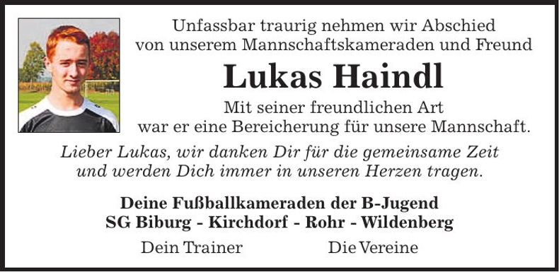 Traueranzeige Lukas Haindl