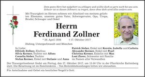 Traueranzeige Ferdinand Zollner