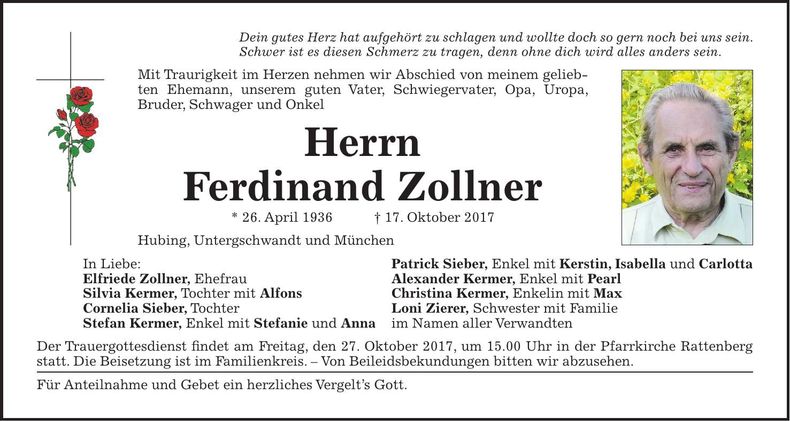 Traueranzeige Ferdinand Zollner