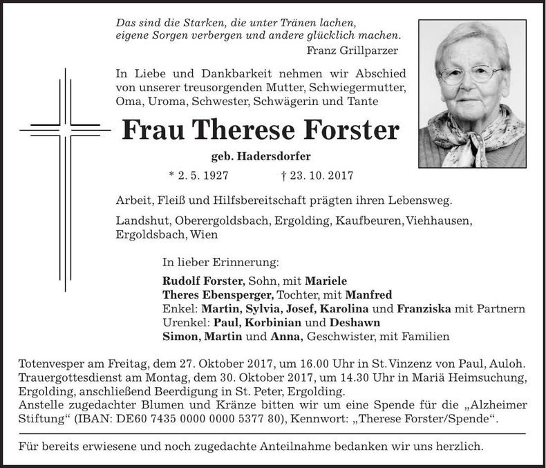 Traueranzeige Therese Forster