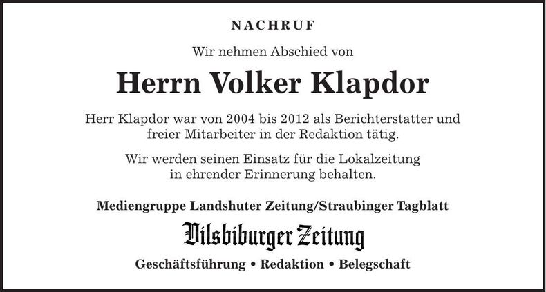 Traueranzeige Volker Klapdor