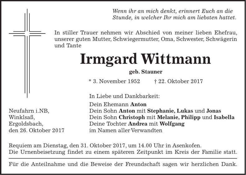 Traueranzeige Irmgard Wittmann