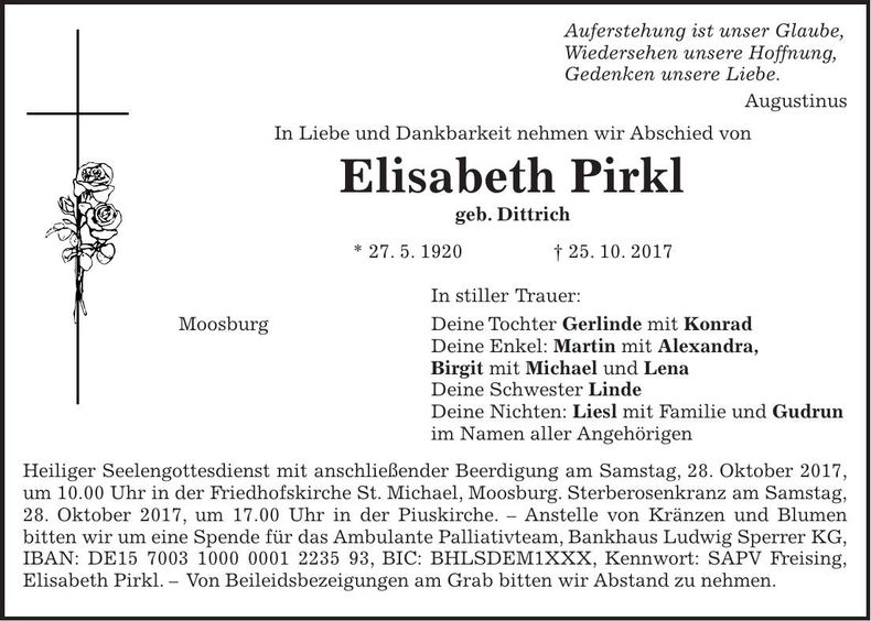 Traueranzeige Elisabeth Pirkl