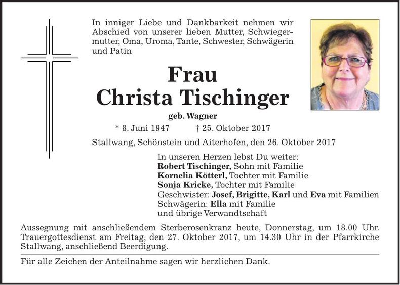 Traueranzeige Christa Tischinger