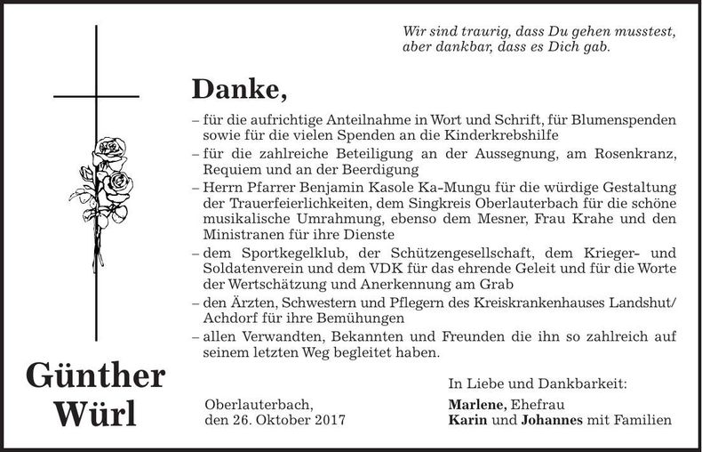 Traueranzeige Günther Würl