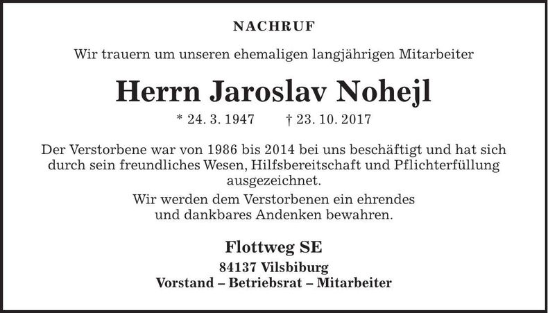 Traueranzeige Jaroslav Nohejl