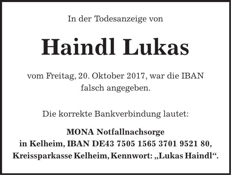 Traueranzeige Lukas Haindl