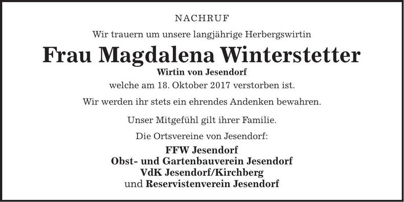 Traueranzeige Magdalena Winterstetter