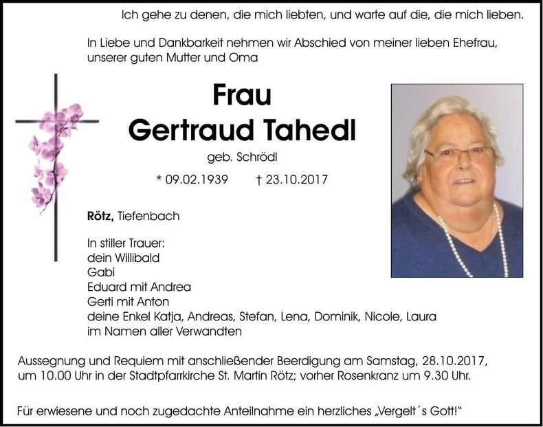 Traueranzeige Gertraud Tahedl