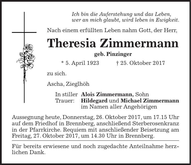 Traueranzeige Theresia Zimmermann