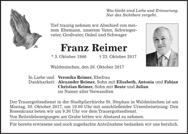 Traueranzeige Franz Reimer