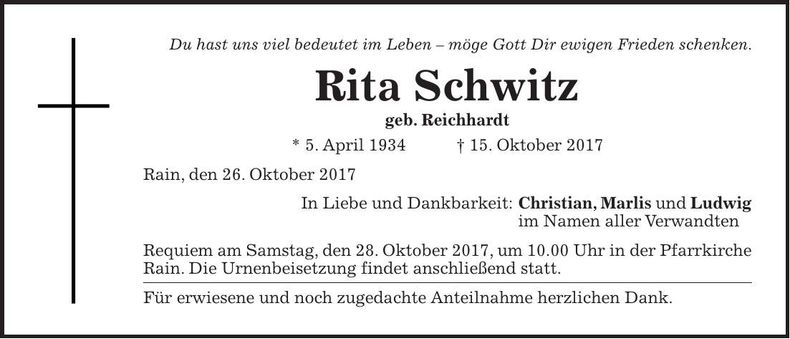 Traueranzeige Rita Schwitz