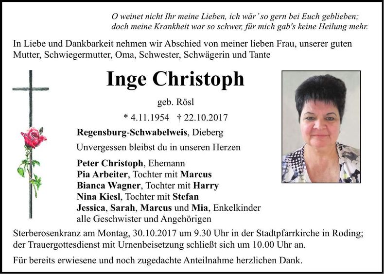 Traueranzeige Inge Christoph