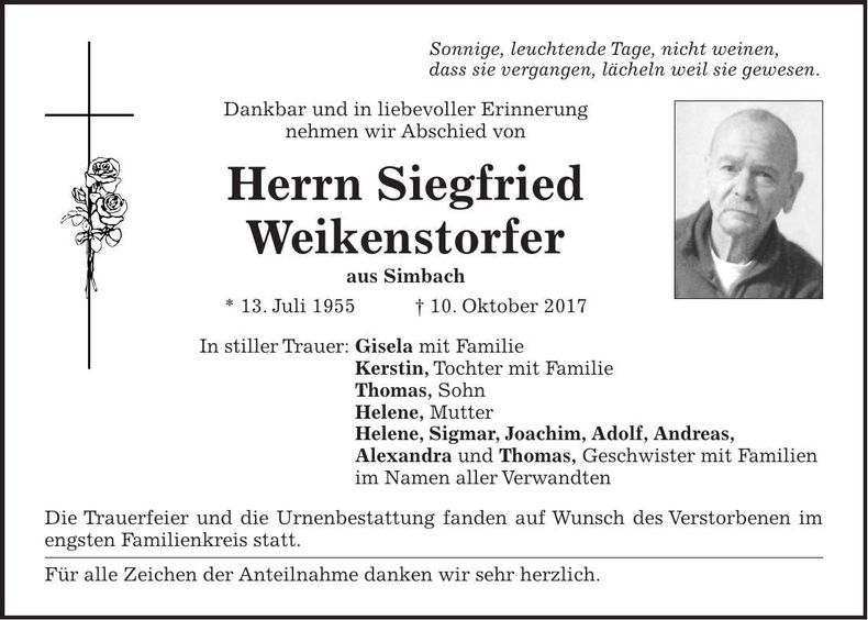 Traueranzeige Siegfried Weikenstorfer