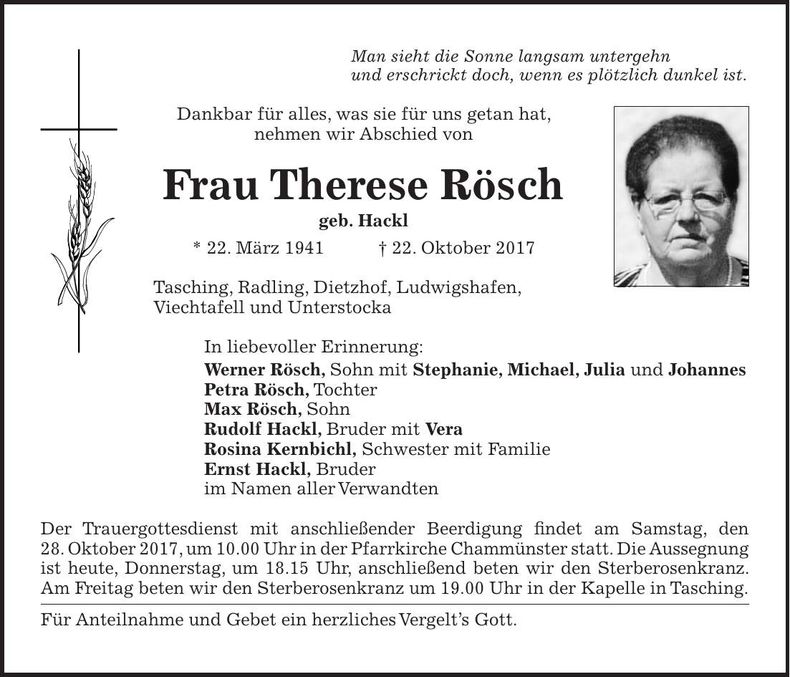 Traueranzeige Therese Rösch