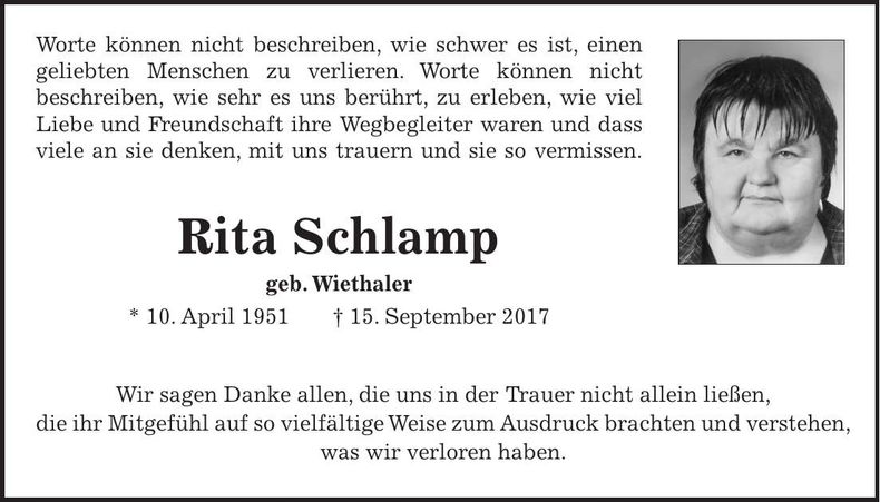 Traueranzeige Rita Schlamp