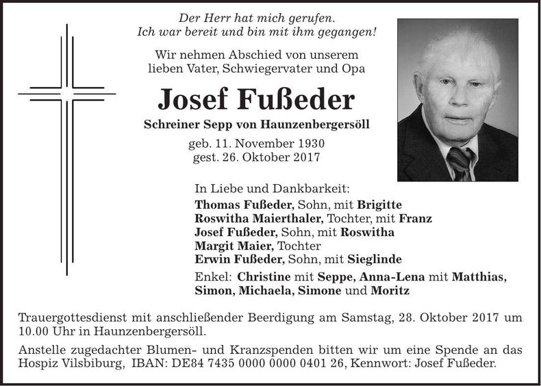 Traueranzeige Josef Fußeder