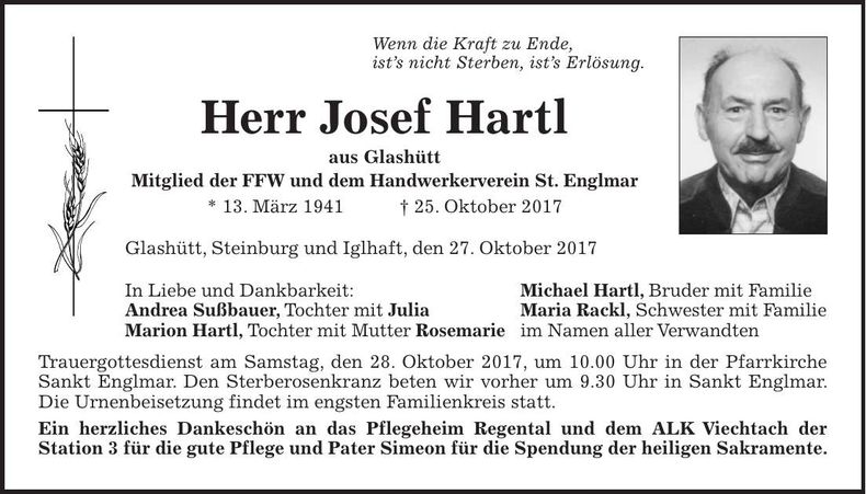 Traueranzeige Josef Hartl