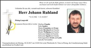 Traueranzeige Johann Ruhland