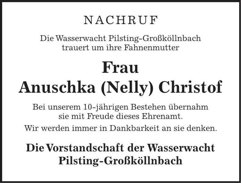 Traueranzeige Anuschka (Nelly) Christof