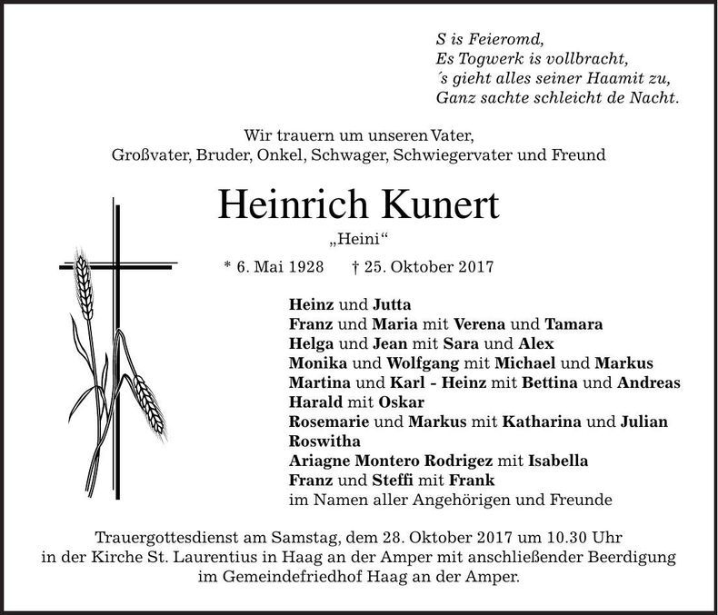 Traueranzeige Heinrich Kunert