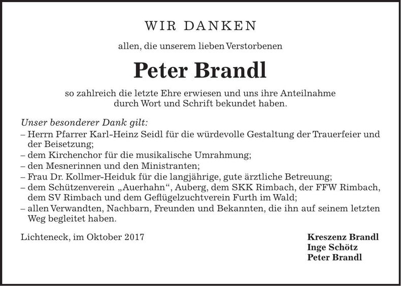 Traueranzeige Peter Brandl