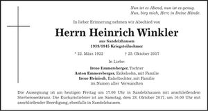 Traueranzeige Heinrich Winkler