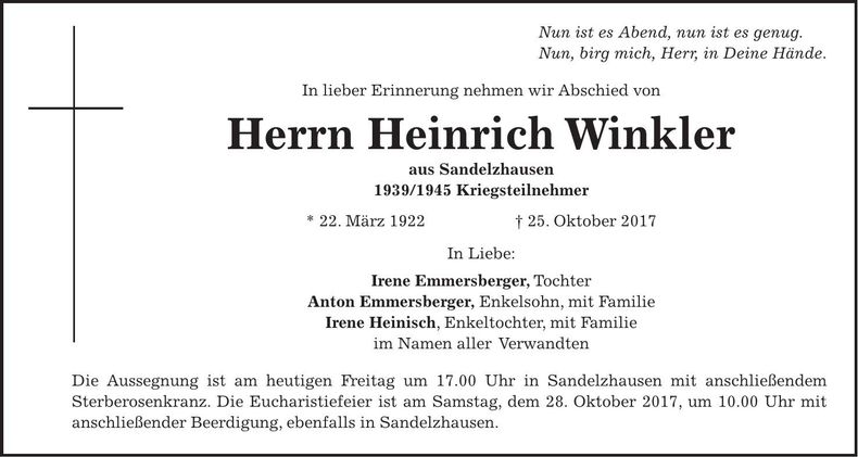Traueranzeige Heinrich Winkler