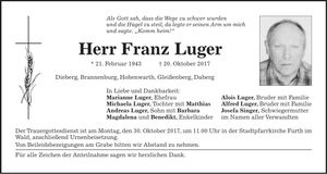 Traueranzeige Franz Luger