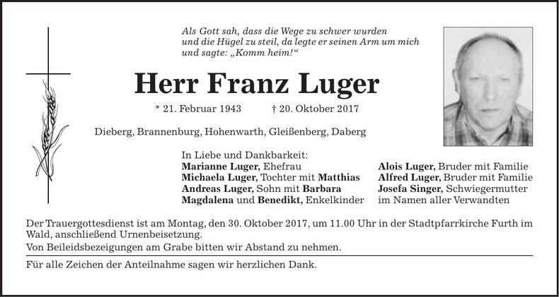 Traueranzeige Franz Luger