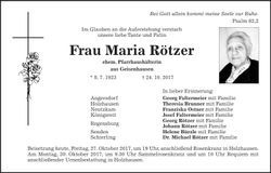Traueranzeige Maria Rötzer