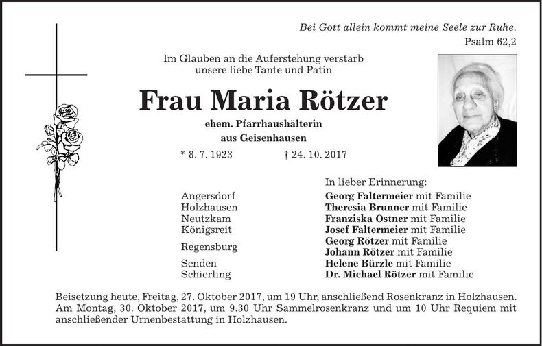 Traueranzeige Maria Rötzer