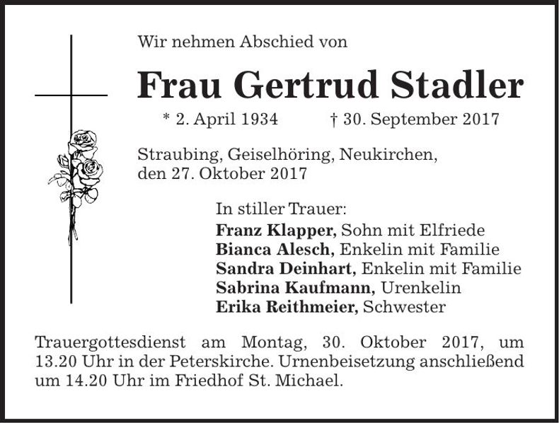 Traueranzeige Gertrud Stadler