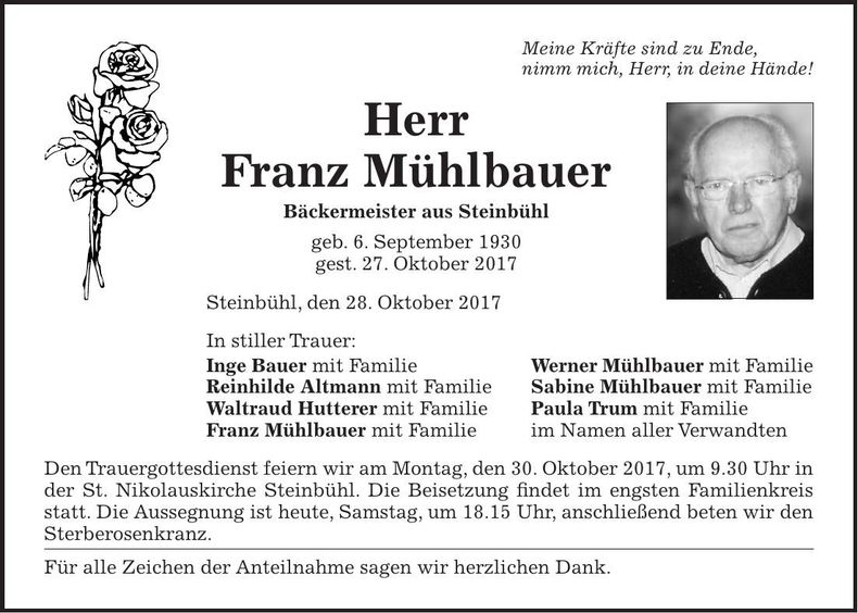 Traueranzeige Franz Mühlbauer